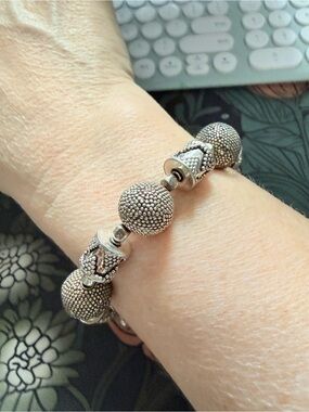 Bali Sterling Silver Statement Bracelet • Artisan Handmade Beads • Toggle Clasp
